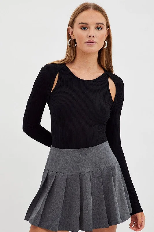 Black Bodysuit Long Sleeve Round Neck Cut Out Rib Artistic Women's Avant - 