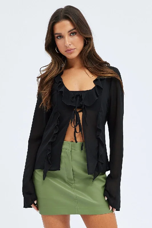 Black Tie Front Top Long Sleeve V Neck Ruffled Frills Sleek Women's Metallic