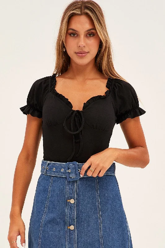 Black Off Shoulder Ribbed Bodysuit Refined Women's Hand - crafted