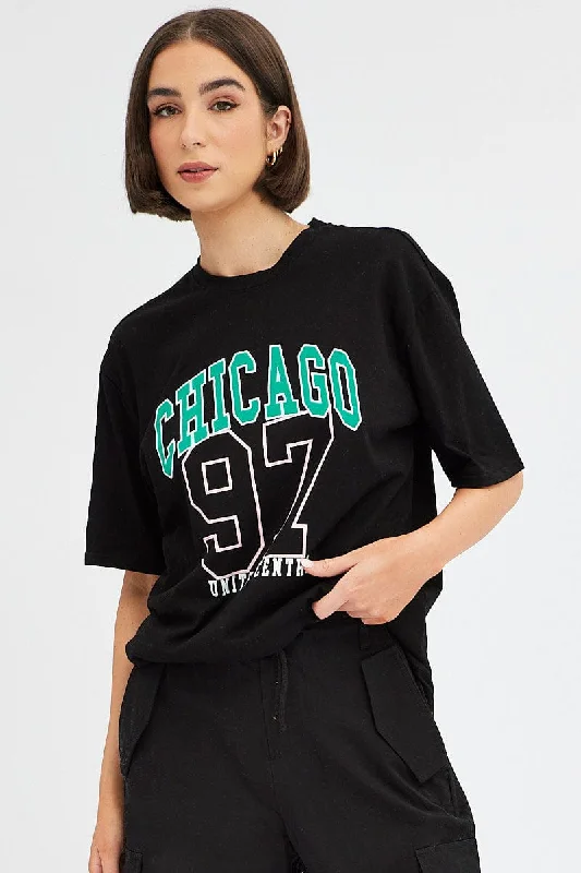 Black Chicago Tee Short Sleeve Round Neck Embroidered Streetwear Style for 