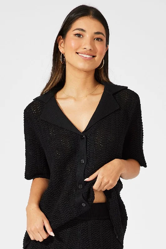 Black Collared Knit Top Short Sleeve Button Up Dapper Women's Bow - adorned