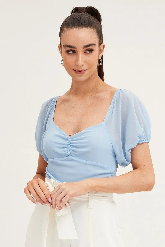 Blue Bodysuit Top Short Sleeve Sweetheart performance