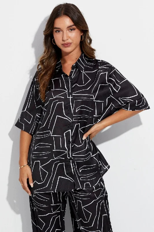 Black Abstract Relaxed Fit Shirt Short Sleeve Collared Longline Cozy Women's Sherpa - lined