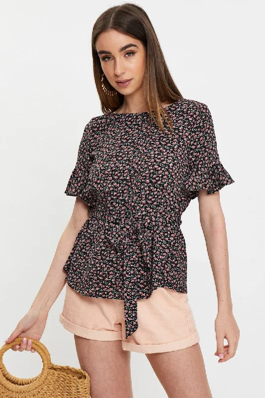 Floral Print Frill Sleeve Blouse Athletic Women's 