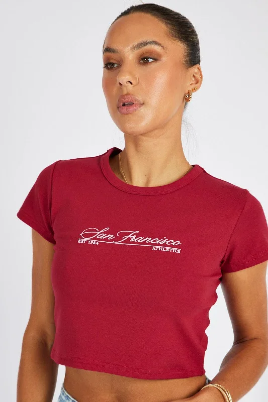 Red Graphic Tee Short Sleeve Crop Cozy Women's Winter