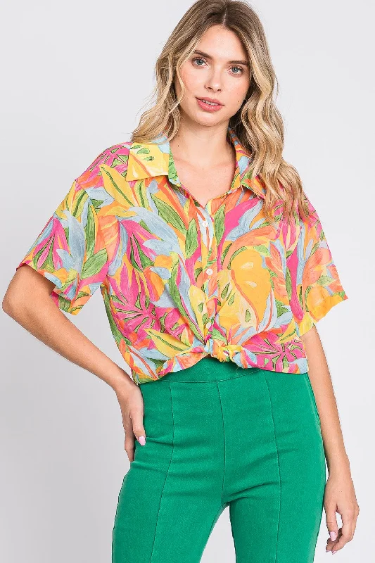Natural Leaf Print Button Up Blouse - Final Sale Disco