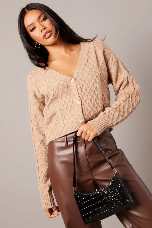 Beige Cable Knit Cardigan Long Sleeve V Neck Geometric