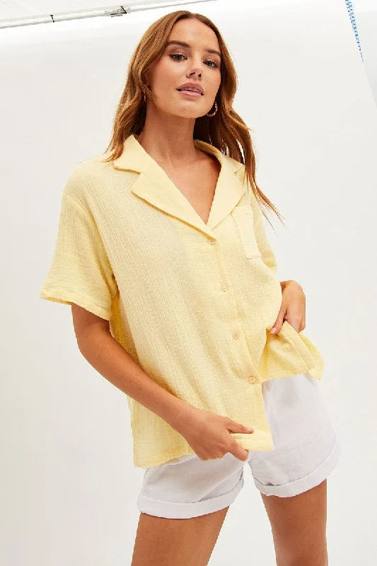 Yellow Textured Shirt Short Sleeve Collared Cotton Sophisticated Women's Tailored