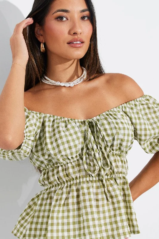 Green Check Ruched Peplum Top Short Sleeve Adventure