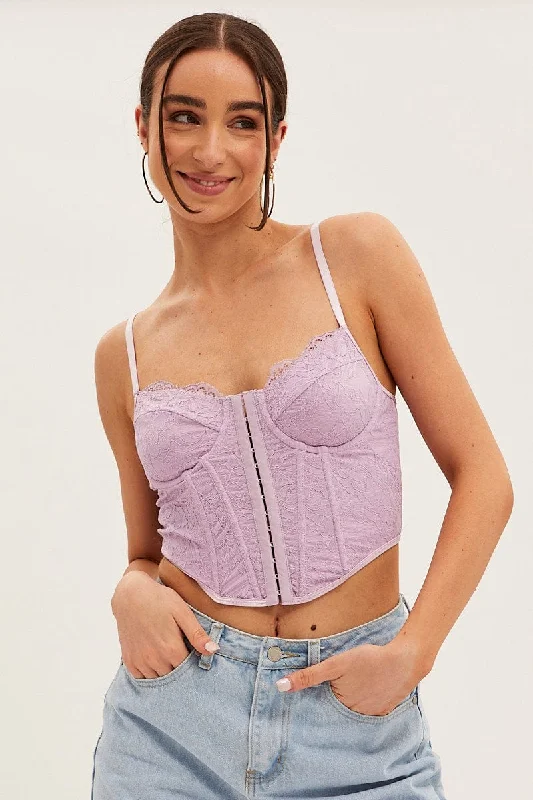 Purple Floral Lace Corset Top Lingerie Relaxed Women's 