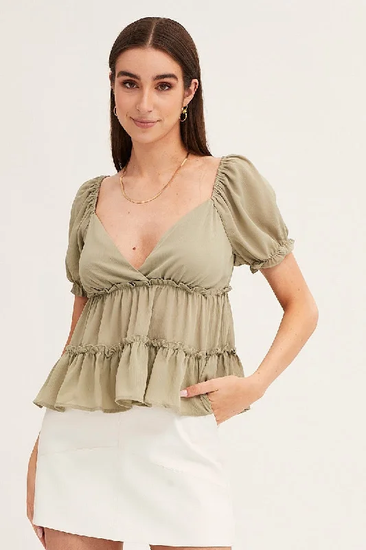 Green Frill Detail V Neck Boxy Top Modern Women's 