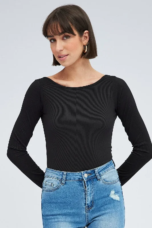 Black Bodysuit Long Sleeve Crew Neck Rib Dynamic Women's High - energy