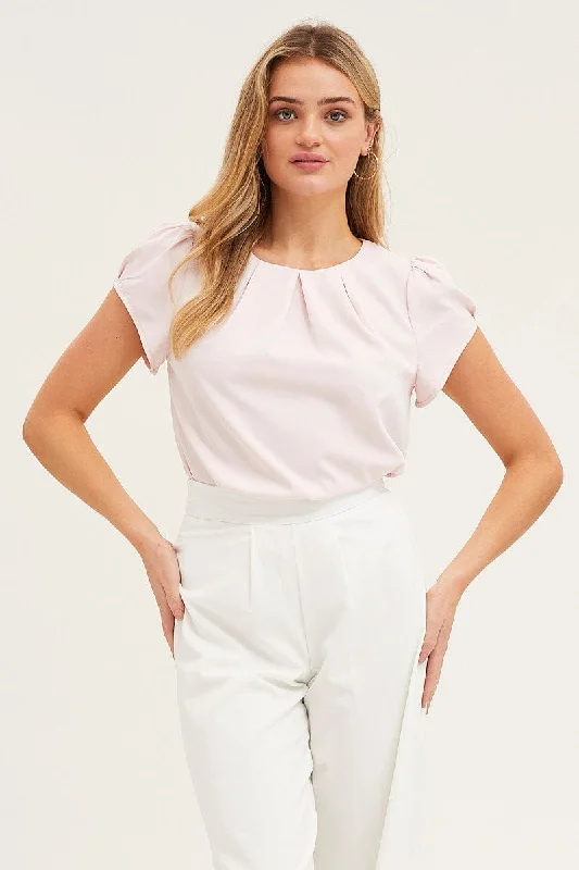 Pink Top Cap Sleeve Pleat Detail Workwear Youthful Women's Pop