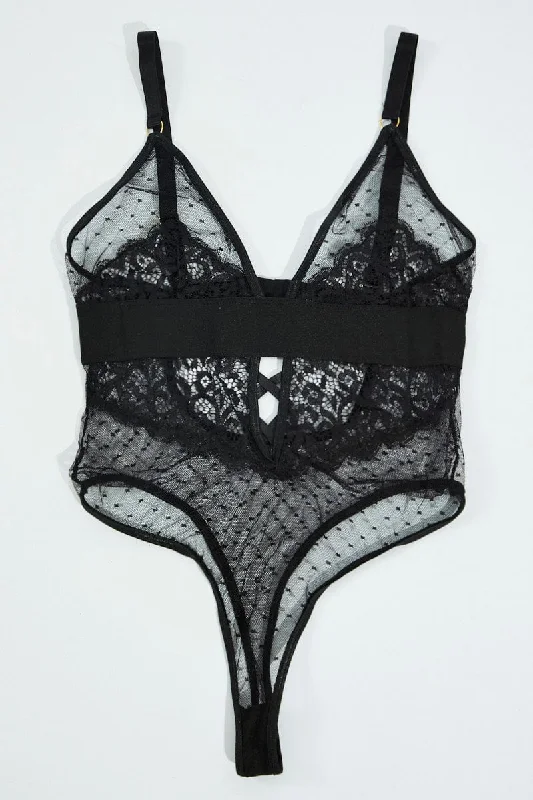 Black Lace Bodysuit One Piece Lingerie Classic Women's Pin - striped