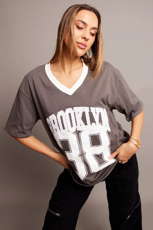 Grey Graphic Tee V Neck Short Sleeve Vintage Women's 1970S 