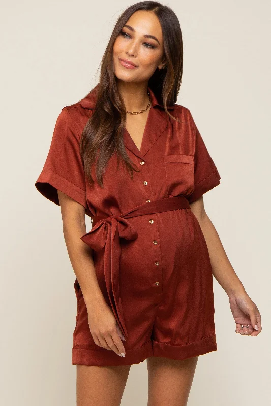 Rust Satin Button Down Maternity Romper Sophisticated Women's Tailored