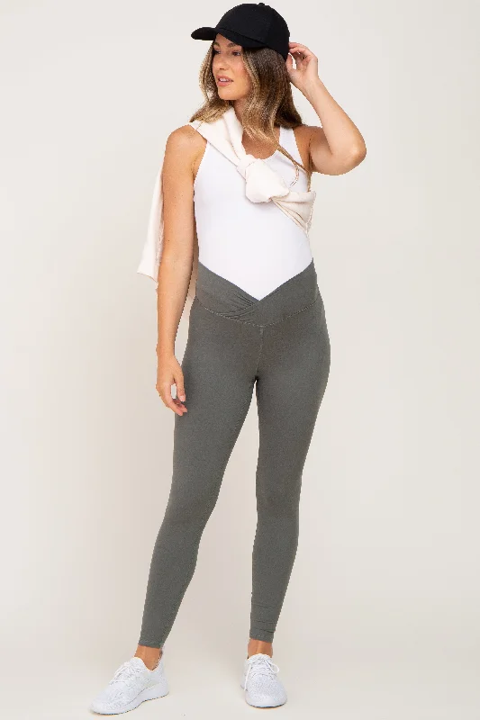 Light Olive Crossover Waist Maternity Leggings Laid - back Women's Style