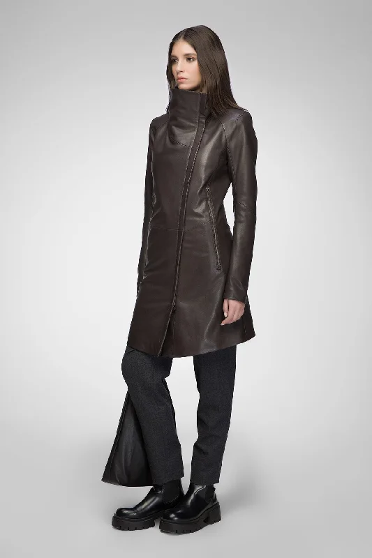 Claudia - Brown Leather Coat Hip Women's Retro