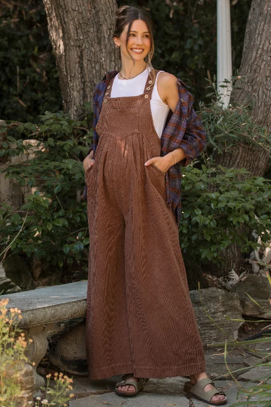Mocha Corduroy Front Pleated Wide Leg Maternity Overalls performance