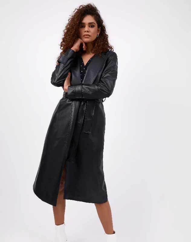 Faux Leather Long Coat With Belt | Coco Bold Women's Statement