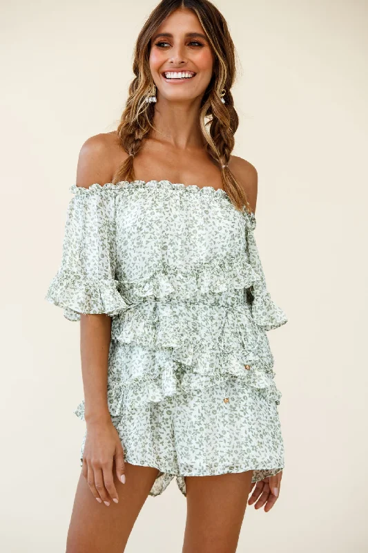 Astoria Bardot Neckline Frill Romper Floral Print Green Women