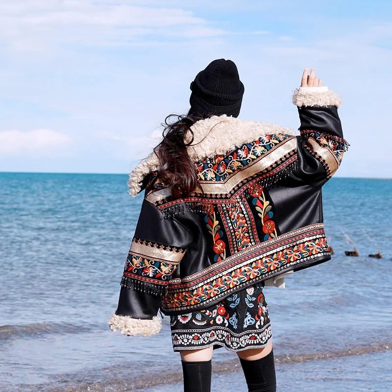 Women's Synthetic Leather Beaded Embroidery National Long Sleeve Coat Practical Women's Quick - dry