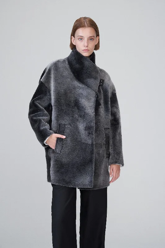 Tanya - Black Shearling Coat Geometric