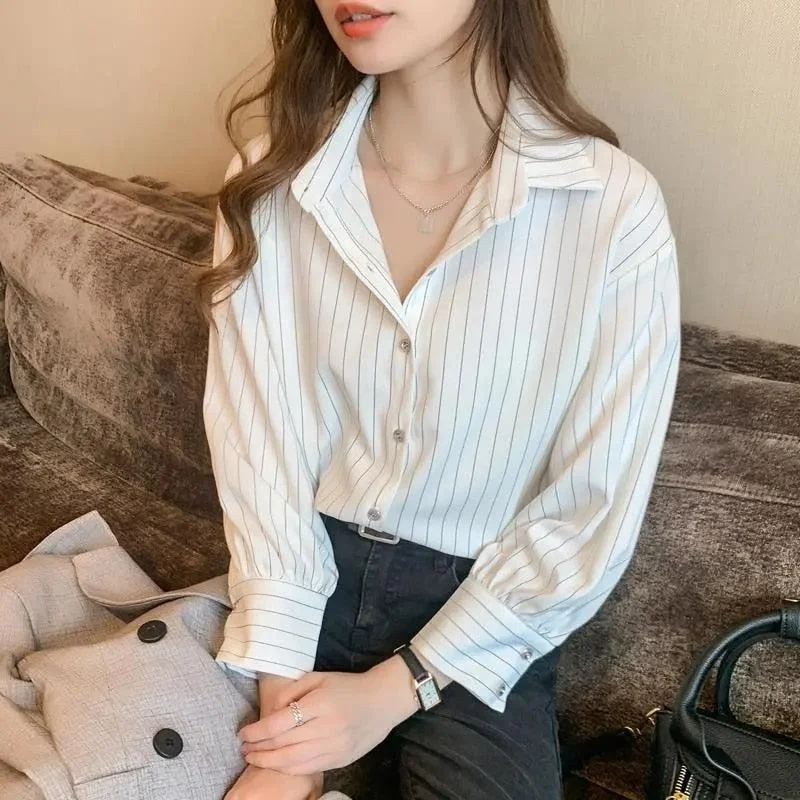 Striped Classic Long Sleeve Shirt Preppy Women's College