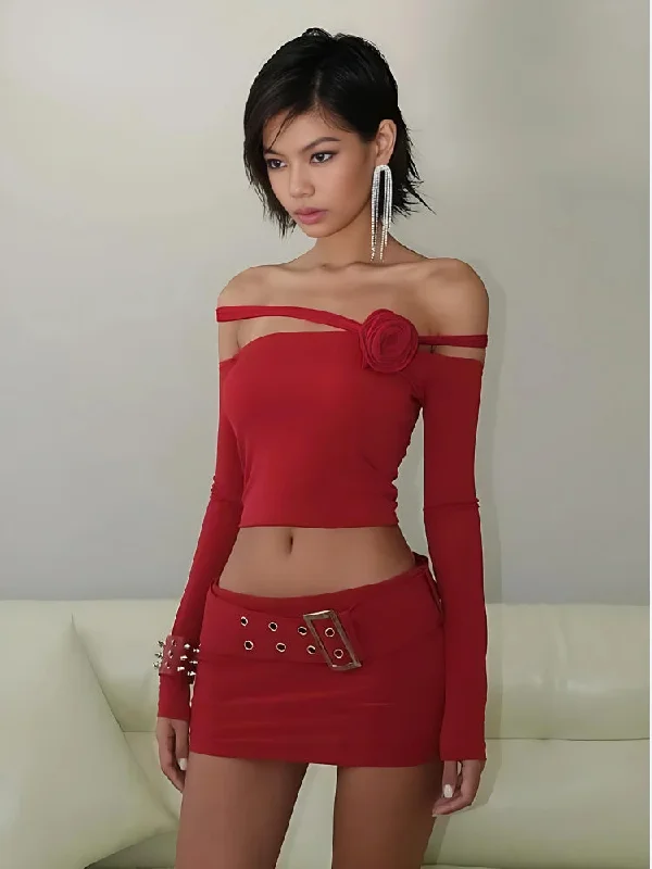 Baddie Rose Asymmetric Off Shoulder Top Relaxed Women's Beachy