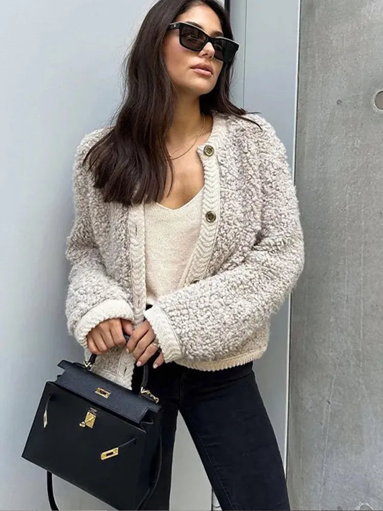 Fashion Wool O-neck Patchwork Casual Long Sleeve Chic Coats Dynamic Women's Moto