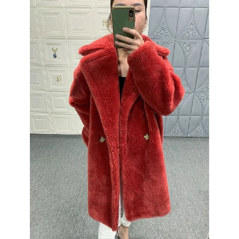 Casual Winter Warm Thick Fur Women's Solid Sheep Shearling Coats & Jackets Sleek Women's Metallic