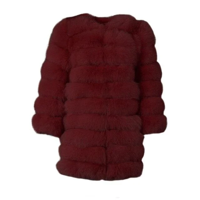 Wine Red Winter Women's Solid Thick Fur Long Detachable Coats & Jackets Business