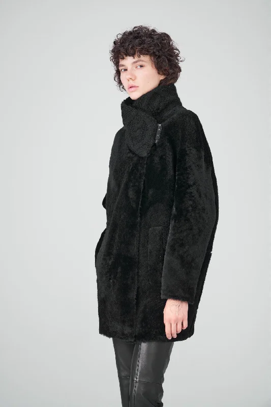 Rosa - Black Shearling Coat Modern Women's 