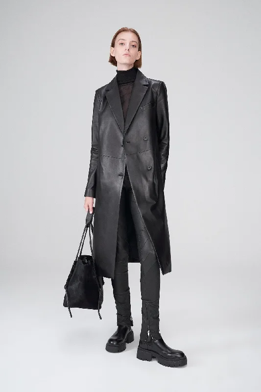 Elfie - Black Leather Coat Refined Women's Velvet