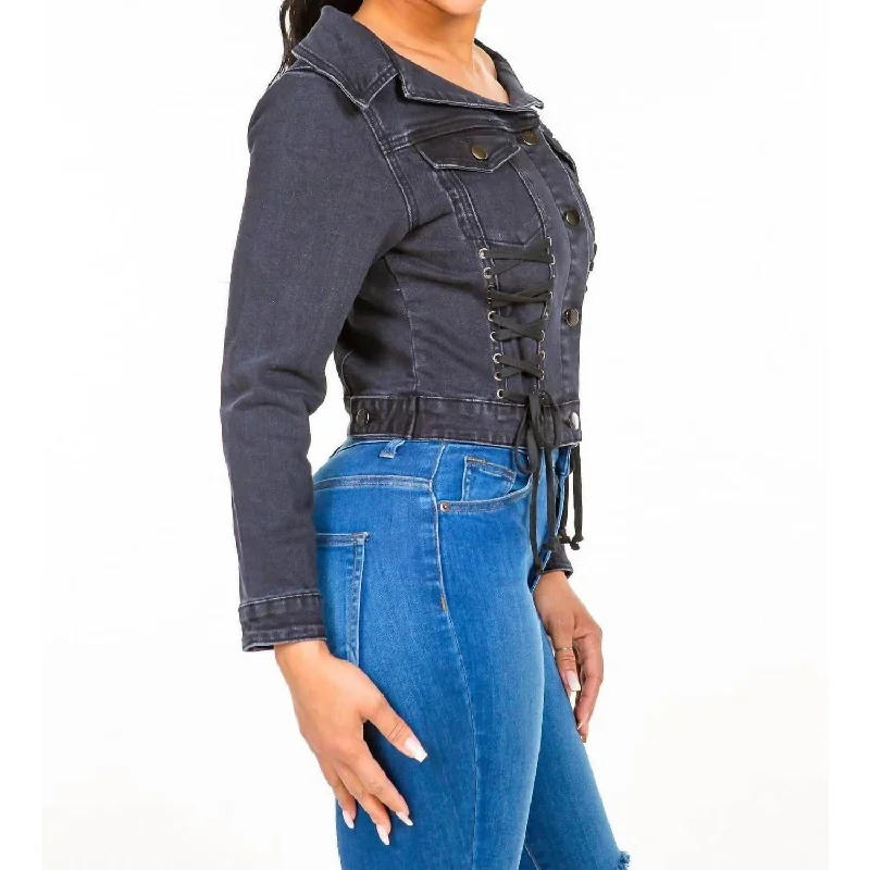 American Bazi - Chic Off Shoulder Lace Up Denim Jacket Hip Women's Urban