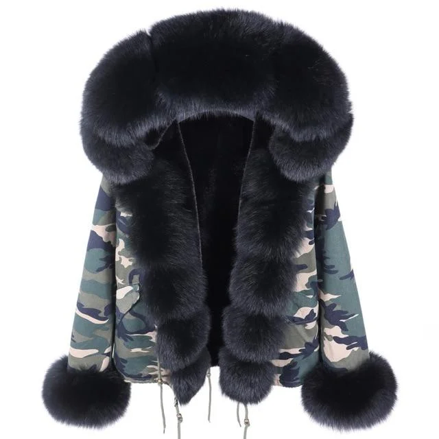 Real Fox Raccoon Fur Jacket with Hood Women's Big Thick Warm Winter Parka Preppy Women's College