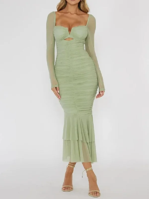 Mesh Ruched Bodycon Midi Dress Feminine Women's Style 