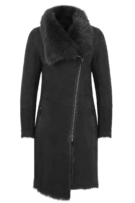 Valerie - Anthracite Shearling Coat Dapper Women's Bow - adorned