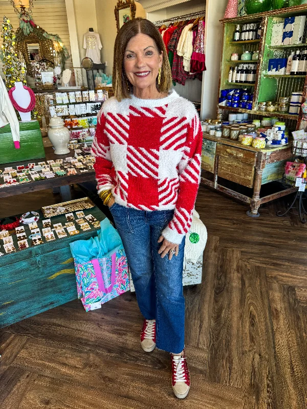 Plaid Pattern Sweater: Red Dynamic Women's Moto