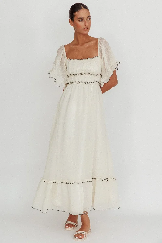 Kathlene Flutter Sleeves Maxi Dress Cream Casual Women's Japanese 