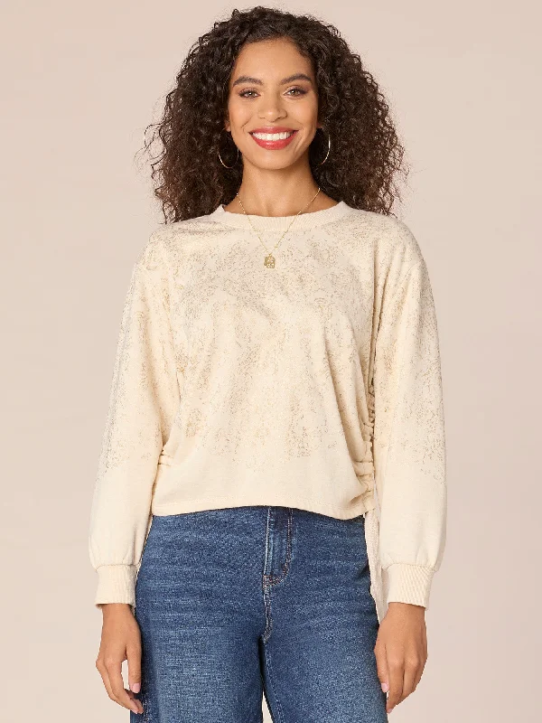 Long Sleeve Boatneck Foil Placement Print Knit Top with Drawstring Hem Luxurious Women's High -  end