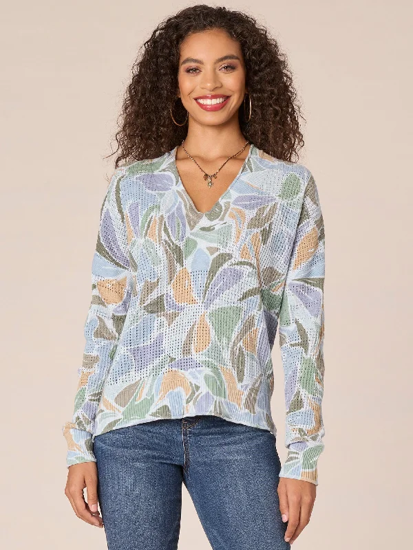 Long Sleeve V-Neck Hi-Low Hem Abstract Print Sweater Relaxed Women's 