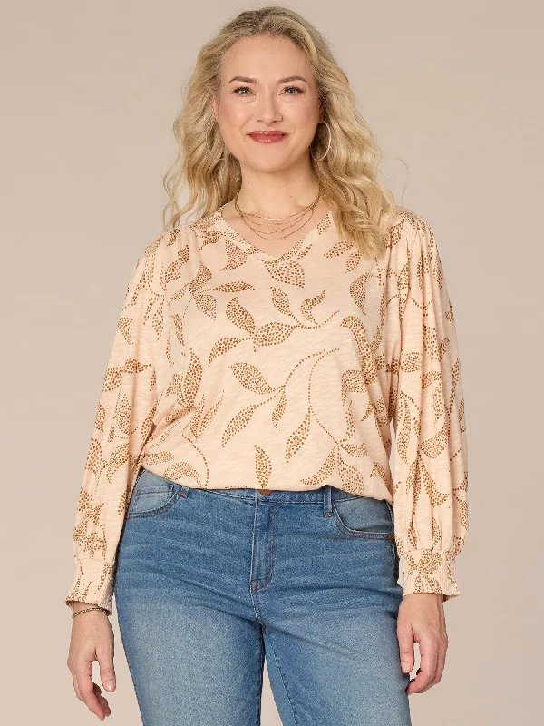 Cinched Sleeve Shell Tuck V-Neck Leaf Print Plus Size Knit Top Practical Women's Multi - 