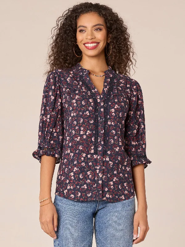 Below Elbow Sleeve V-Neck Crochet Button Down Printed Woven Top Laid - back Women's Style