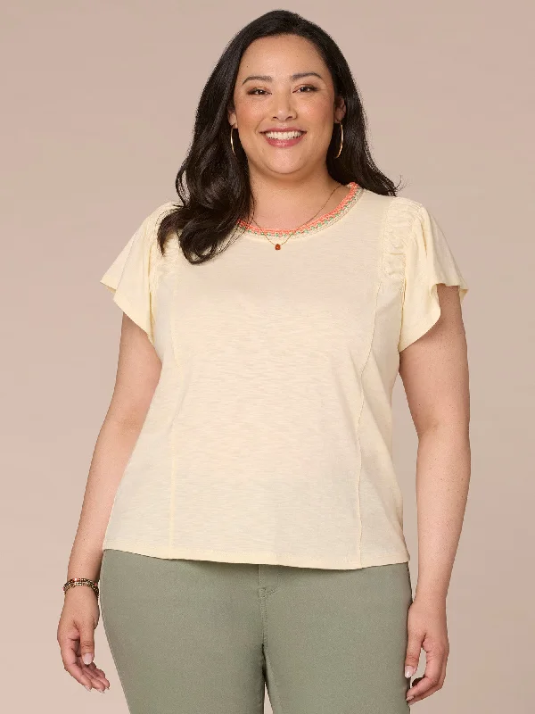 Short Ruched Sleeve Crochet Scoop Neck Plus Size Knit Top Sharp Women's Italian
