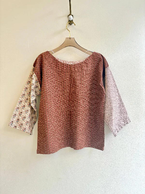 Orange & Tan Printed Box Top w/ 3/4 Sleeves Laid - back Women's Style