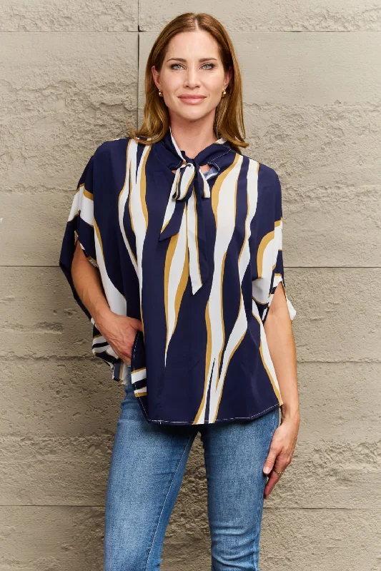 Tie Neck Printed Slit Sleeve Blouse Practical Women's Quick - dry