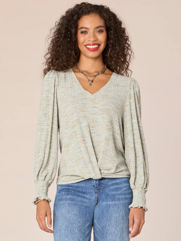 Long Smocked Blouson Sleeve V-Neck Twist Hem Knit Top Country