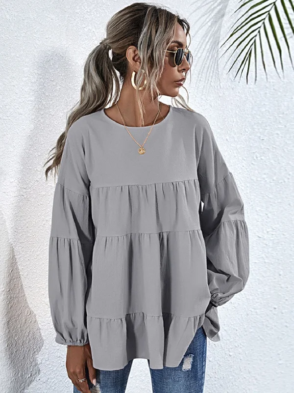 Round Neck Dropped Shoulder Tiered Blouse Dynamic Women's High - energy