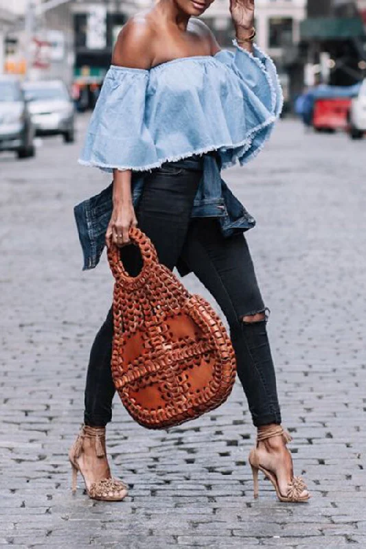 Off Shoulder Raw Trim Denim Top Dapper Women's Bow - adorned